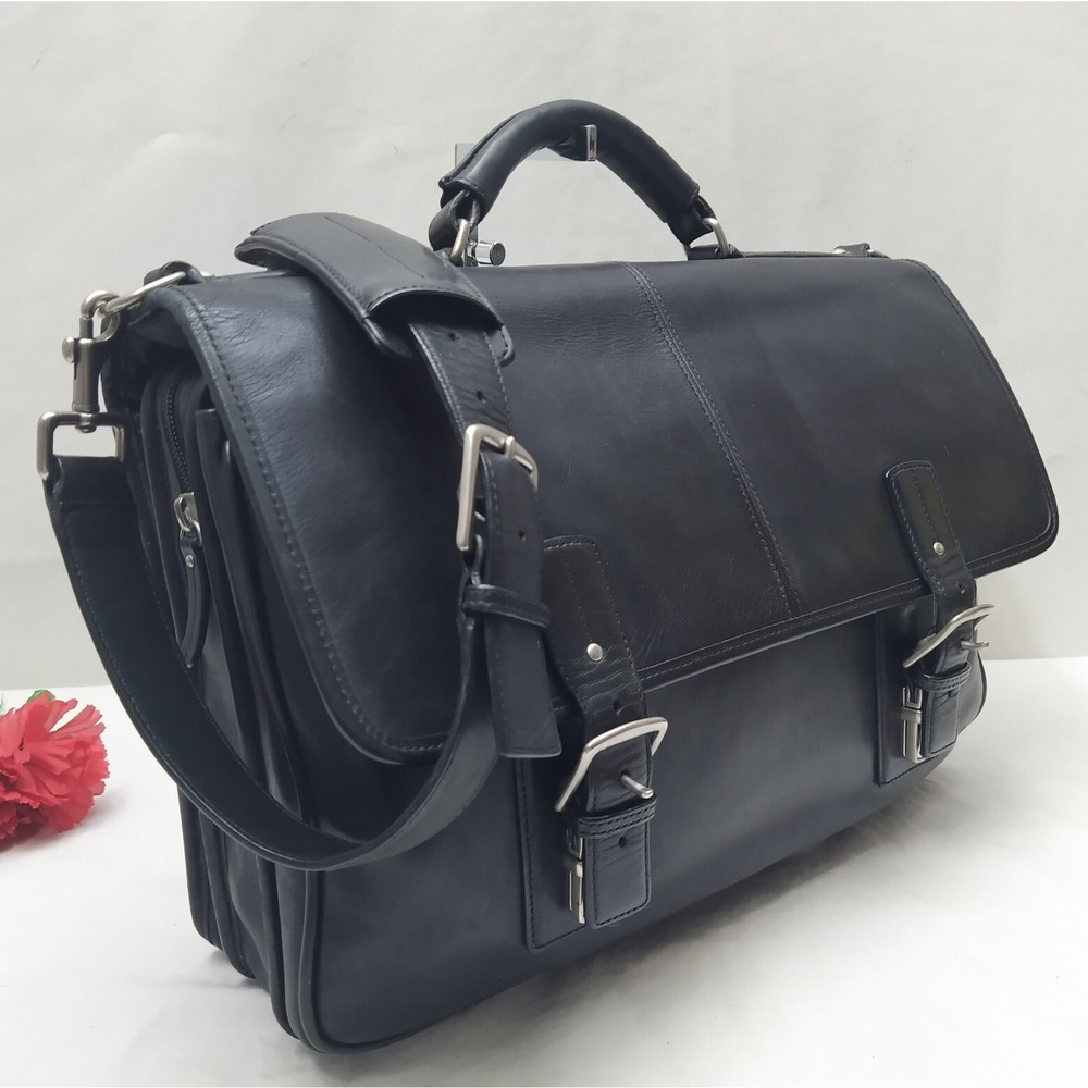 Coach Black Leather Double Pushlock Briefcase Laptop Business Crossbody Bag - Picture 4 of 16